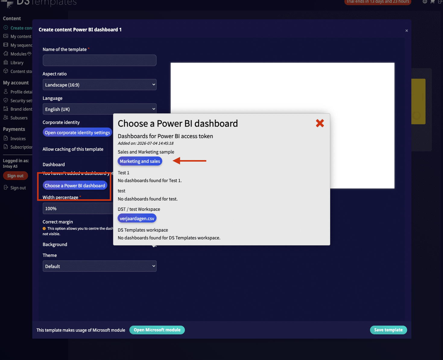 Editor - choose Power BI dashboard